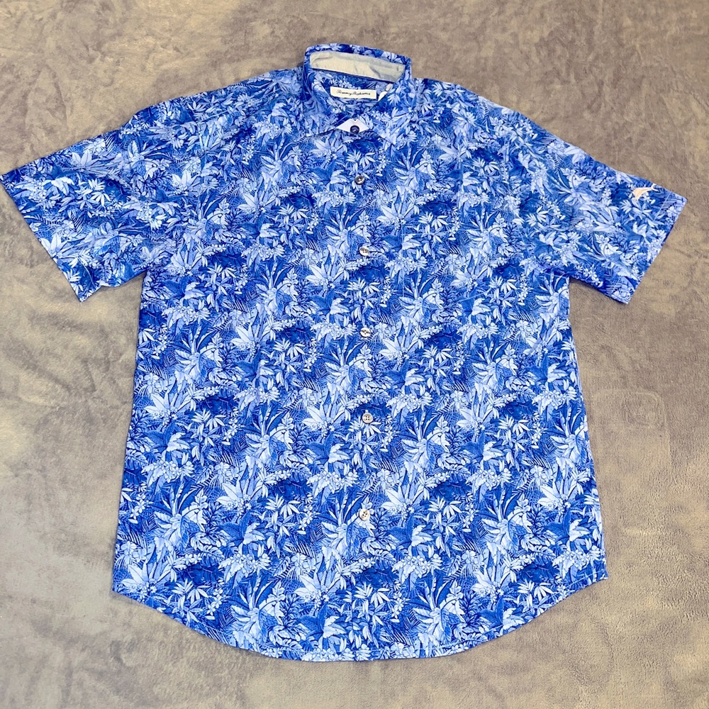 Tommy Bahama Short Sleeve Shirt Mens Small Blue Button Up Collared 100% Silk NWT
